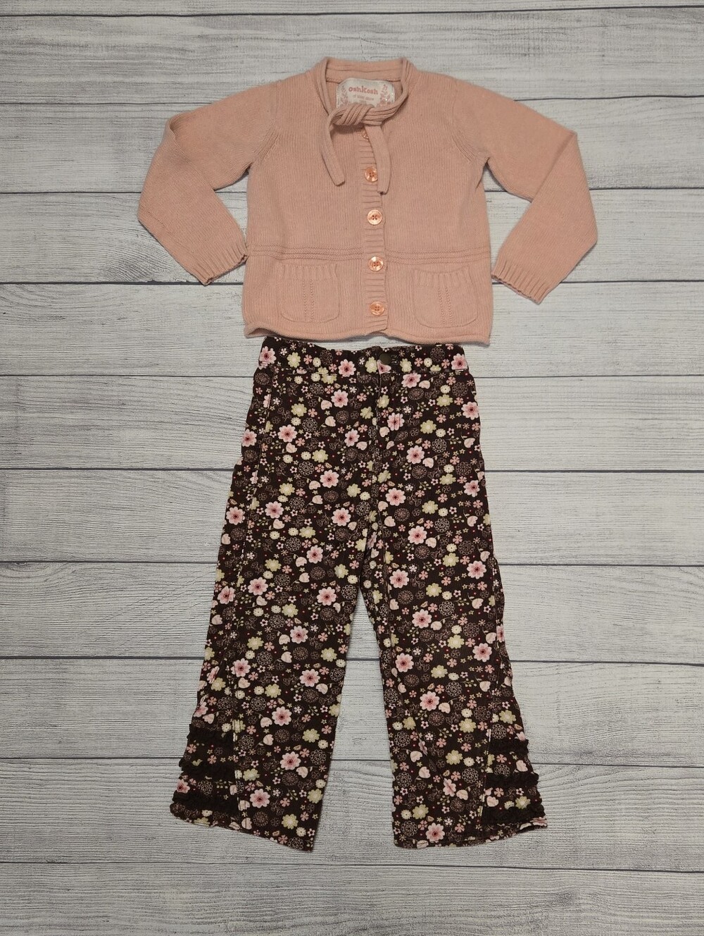 Girls Pink Cardigan & Floral Pants Set